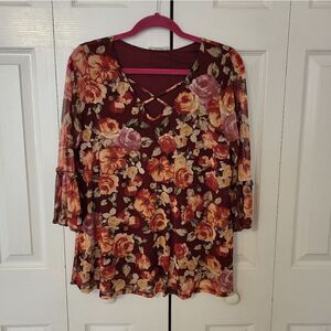 Rue Juju burgundy floral bell sleeve blouse